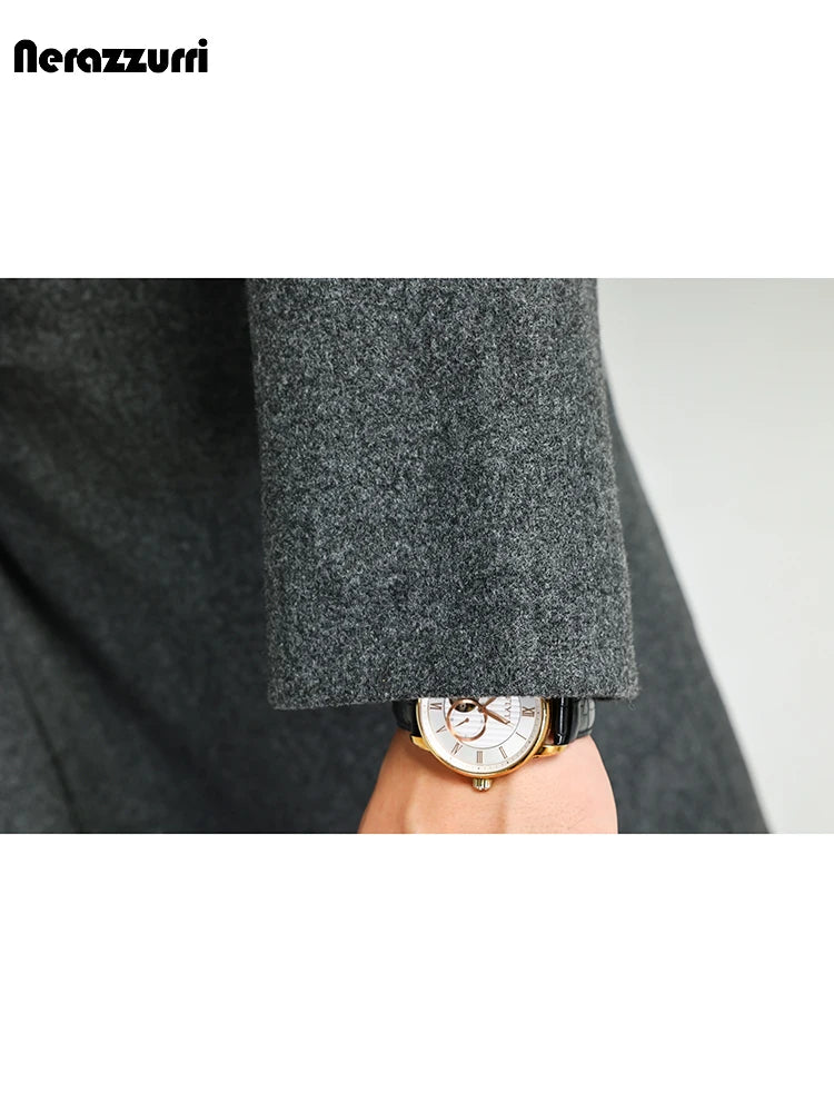 Nerazzurri Autumn Winter Grey Warm Fluffy Woolen Coat for Men Double Breasted Loose Casual Korean Fashion Wool & blends Coat