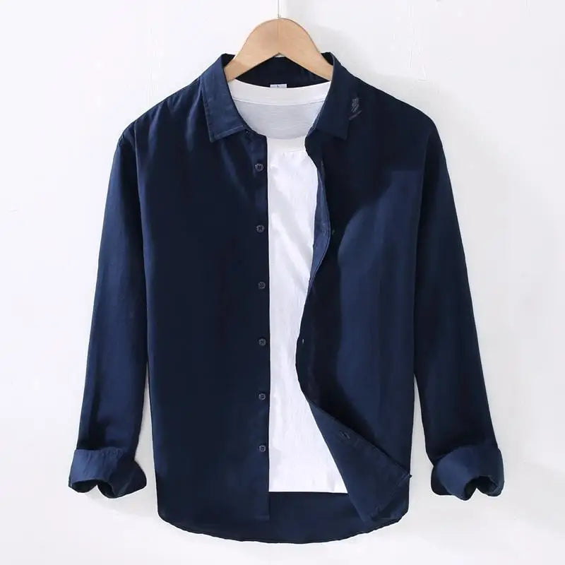 Linear Long-sleeved Men's Japanese Casual Loose Cotton Linen Shirt Spring and Summer Outfit Inch Shirt