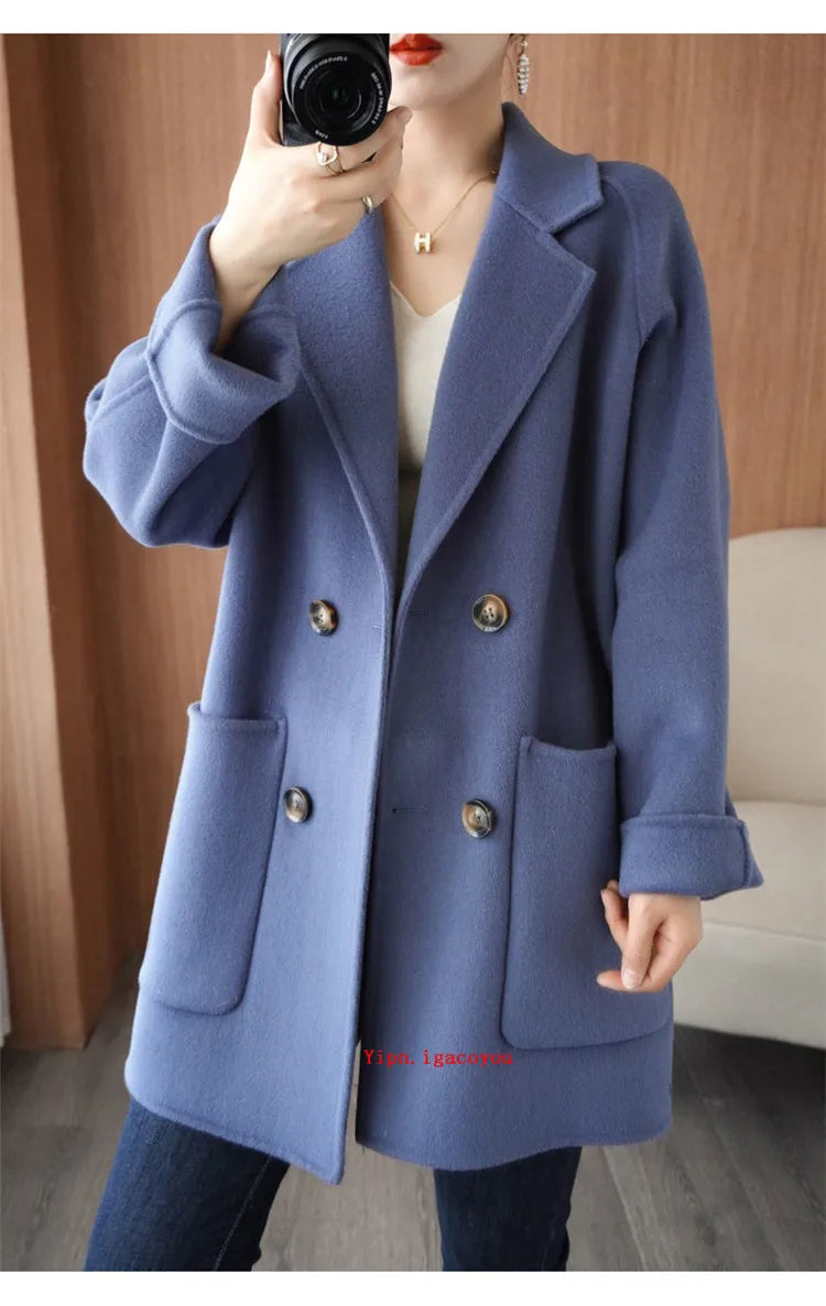 Autumn 100% Pure Wool Double-Sided Cashmere Coat Women Fashion Mid-Length Double-Breasted Wool Jacket Female Loose Overcoat B549