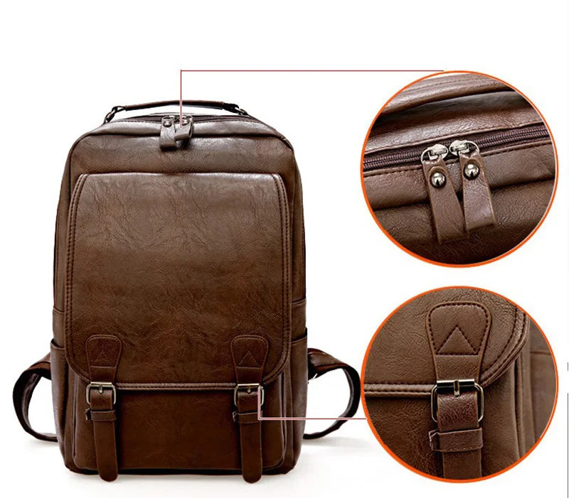 Large Capacity Laptop Backpack Men Casual Fashion Bags For Men Retro Zipper PU Leather Backpacks Male Travel Waterproof Bag Man