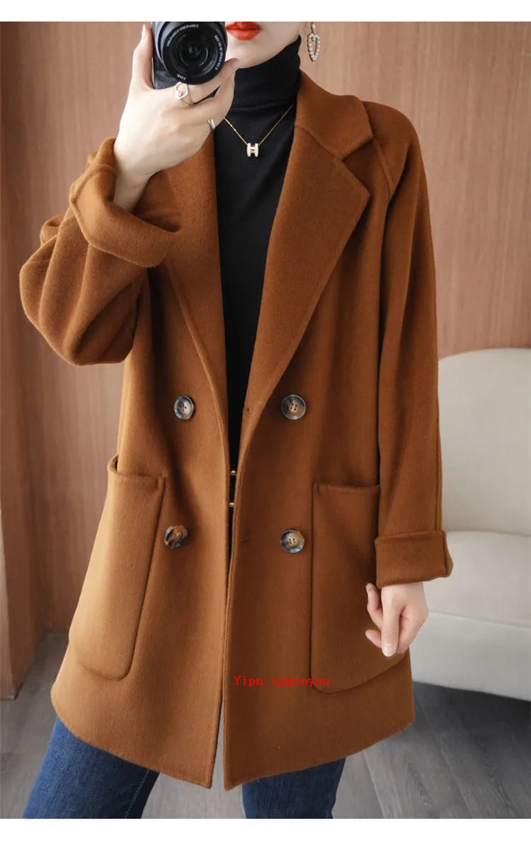 Autumn 100% Pure Wool Double-Sided Cashmere Coat Women Fashion Mid-Length Double-Breasted Wool Jacket Female Loose Overcoat B549