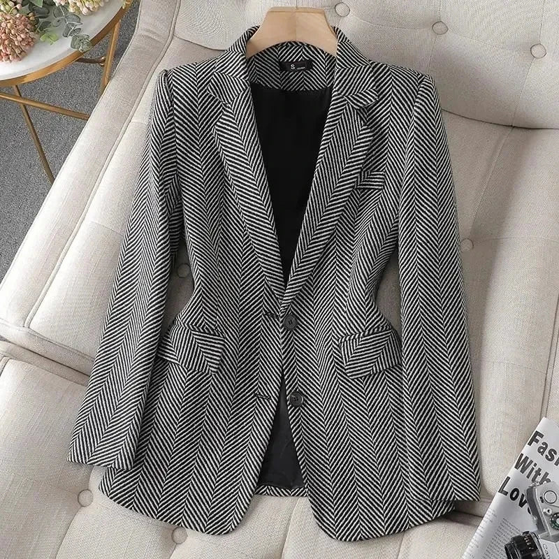 Women Coffee Stripe Formal Blazer New Long Sleeve Suit Coat Notched Collar Business Jacket Ladies Office Blazers Outerwear 4XL
