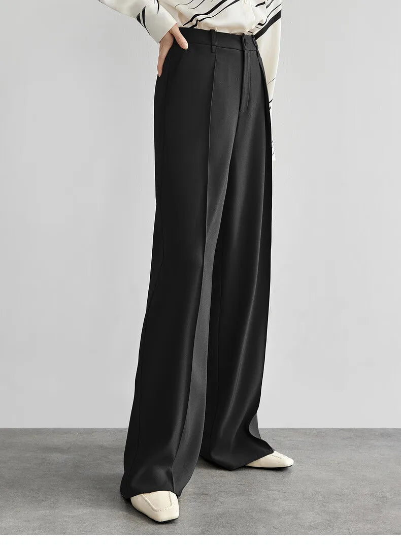 SENTUBILA Women's Tailored Trousers Formal Solid High-waist Folds Twill Workwear Pockets Full-length Pants 2025 Spring 151K57704
