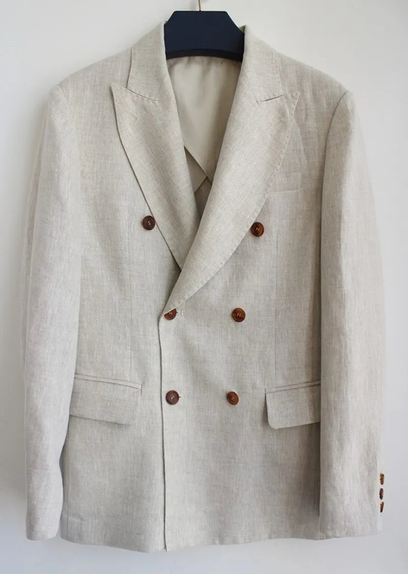 Fashion Summer Men Linen Blazer Suit Coat  Blazer Solid Color Jacket Double Breasted Slim Fit Breathable Business Work Casual
