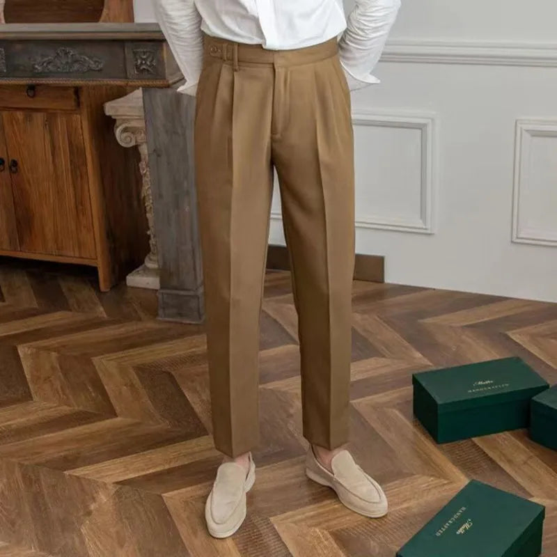 High Waist Pleated Man Suits Pants 9 Cropped Business Social Tailoring Quality Fabric Trousers for Men Classic Dress Elegant Up