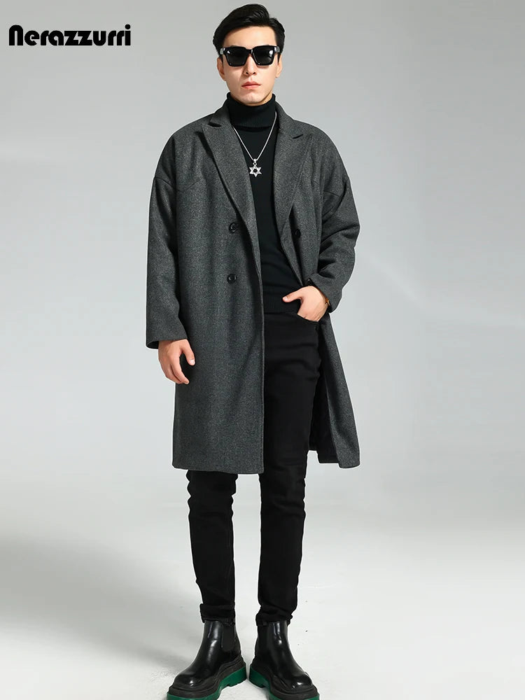 Nerazzurri Autumn Winter Grey Warm Fluffy Woolen Coat for Men Double Breasted Loose Casual Korean Fashion Wool & blends Coat