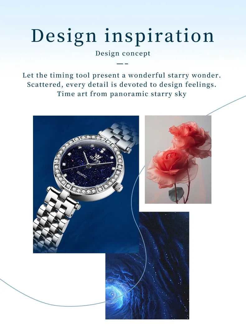 OLEVS 3641 Elegant Waterproof Ladies Quartz Watch Luminous Stainless Steel Starry Dial with Gift Box - Women's Fashion Accessory
