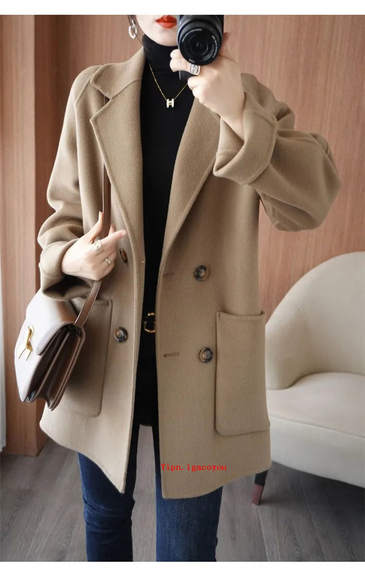Autumn 100% Pure Wool Double-Sided Cashmere Coat Women Fashion Mid-Length Double-Breasted Wool Jacket Female Loose Overcoat B549