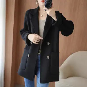 Autumn 100% Pure Wool Double-Sided Cashmere Coat Women Fashion Mid-Length Double-Breasted Wool Jacket Female Loose Overcoat B549