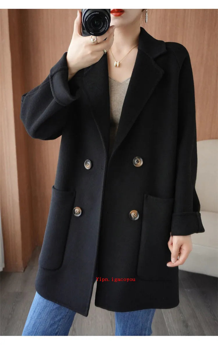 Autumn 100% Pure Wool Double-Sided Cashmere Coat Women Fashion Mid-Length Double-Breasted Wool Jacket Female Loose Overcoat B549