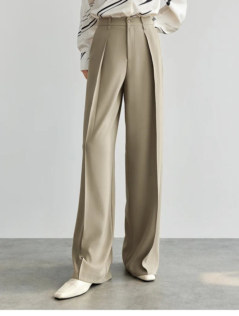 SENTUBILA Women's Tailored Trousers Formal Solid High-waist Folds Twill Workwear Pockets Full-length Pants 2025 Spring 151K57704