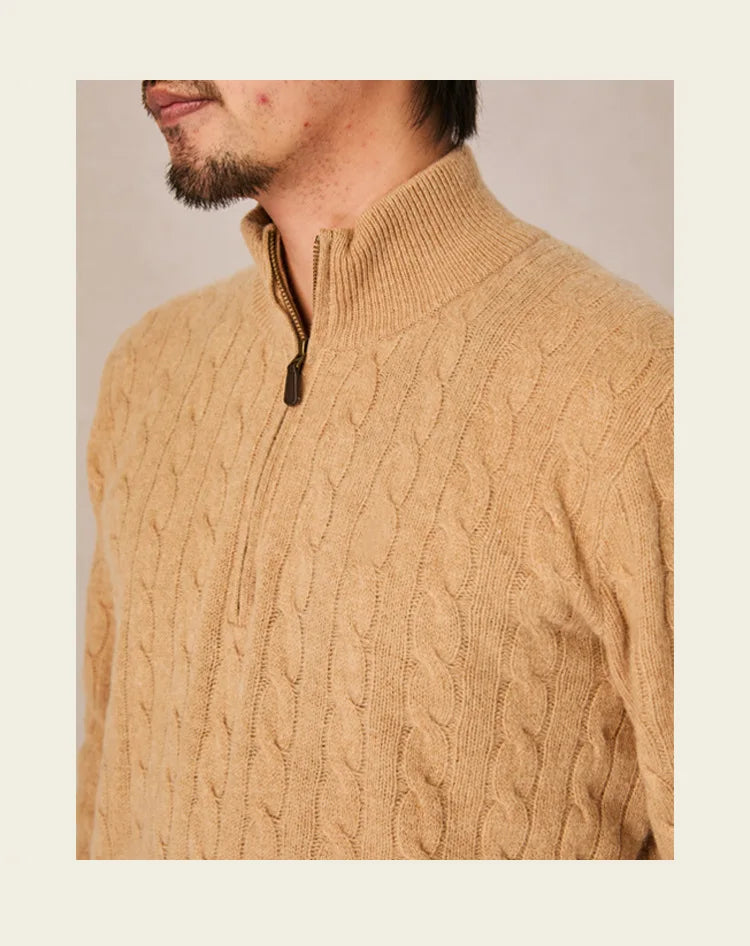 Autumn and winter retro half turtleneck zipper cashmere sweater men's loose pullover cable knit sweater coat trend