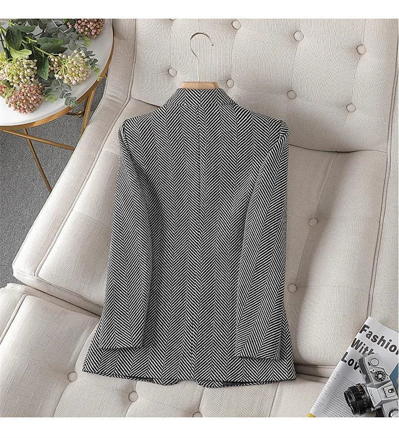 Women Coffee Stripe Formal Blazer New Long Sleeve Suit Coat Notched Collar Business Jacket Ladies Office Blazers Outerwear 4XL