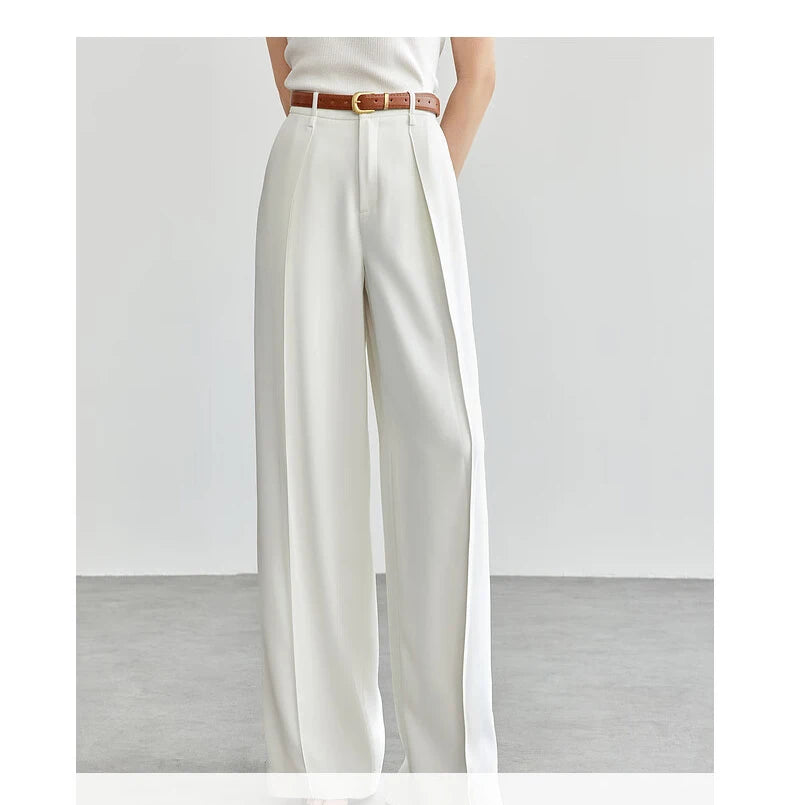 SENTUBILA Women's Tailored Trousers Formal Solid High-waist Folds Twill Workwear Pockets Full-length Pants 2025 Spring 151K57704