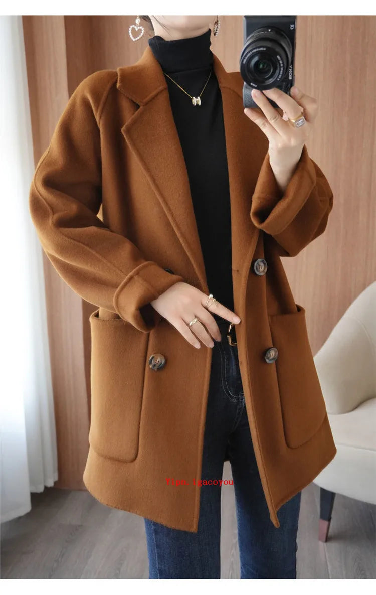 Autumn 100% Pure Wool Double-Sided Cashmere Coat Women Fashion Mid-Length Double-Breasted Wool Jacket Female Loose Overcoat B549