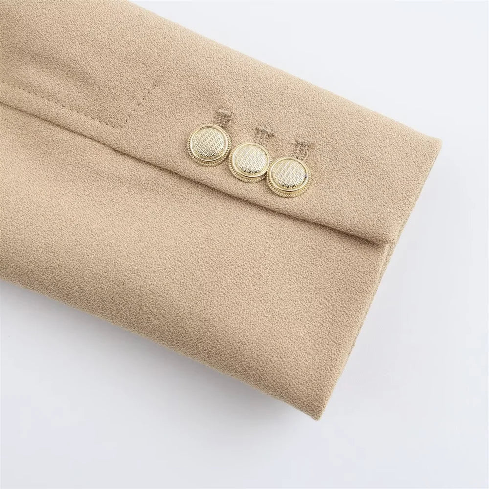 PB&ZA Women's Navy Blue Single Breasted Blazer Gold Buttons Classic Lapel and Pockets Ideal for Professional and Stylish Looks