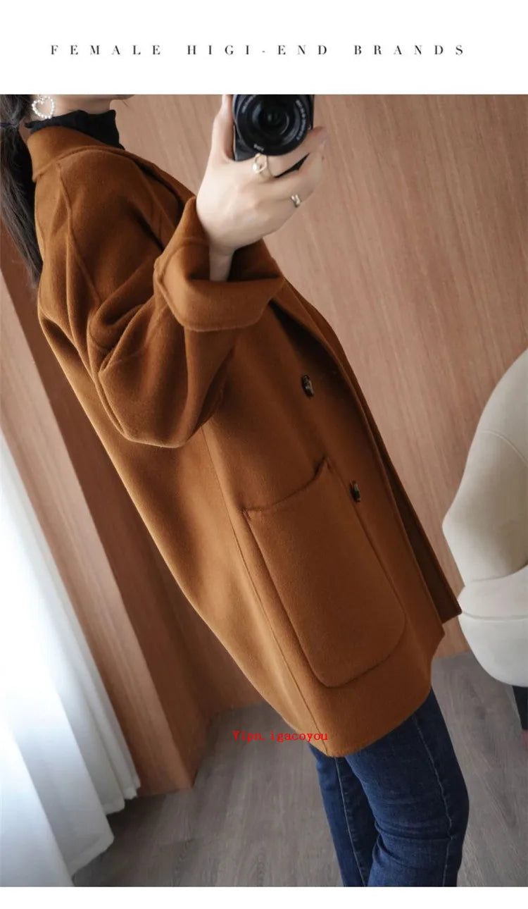 Autumn 100% Pure Wool Double-Sided Cashmere Coat Women Fashion Mid-Length Double-Breasted Wool Jacket Female Loose Overcoat B549