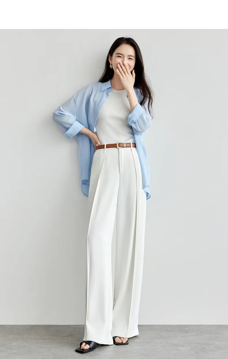 SENTUBILA Women's Tailored Trousers Formal Solid High-waist Folds Twill Workwear Pockets Full-length Pants 2025 Spring 151K57704