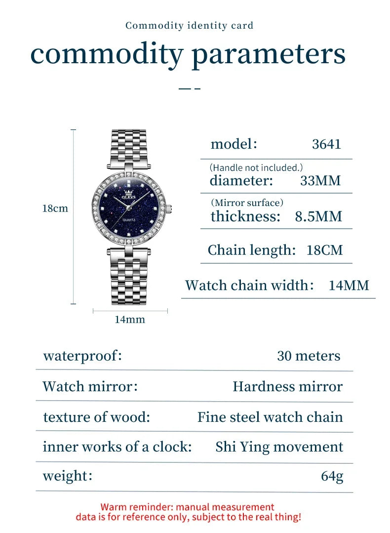 OLEVS 3641 Elegant Waterproof Ladies Quartz Watch Luminous Stainless Steel Starry Dial with Gift Box - Women's Fashion Accessory