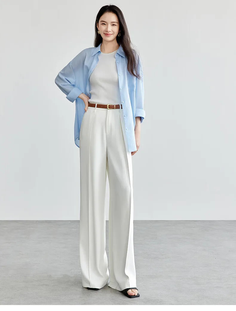 SENTUBILA Women's Tailored Trousers Formal Solid High-waist Folds Twill Workwear Pockets Full-length Pants 2025 Spring 151K57704