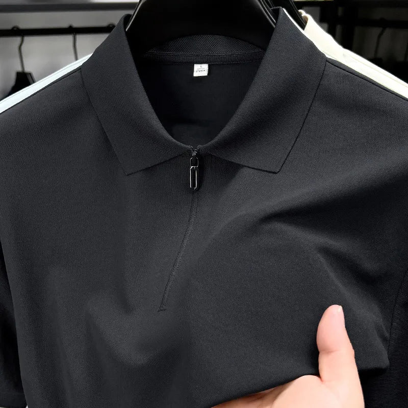 Men's Half-Zip Polo Shirt Light Beige Breathable Casual Slim Fit Stretch Cotton Classic Collar Business Casual Tops