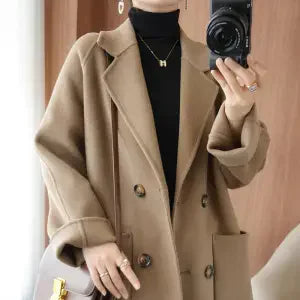 Autumn 100% Pure Wool Double-Sided Cashmere Coat Women Fashion Mid-Length Double-Breasted Wool Jacket Female Loose Overcoat B549