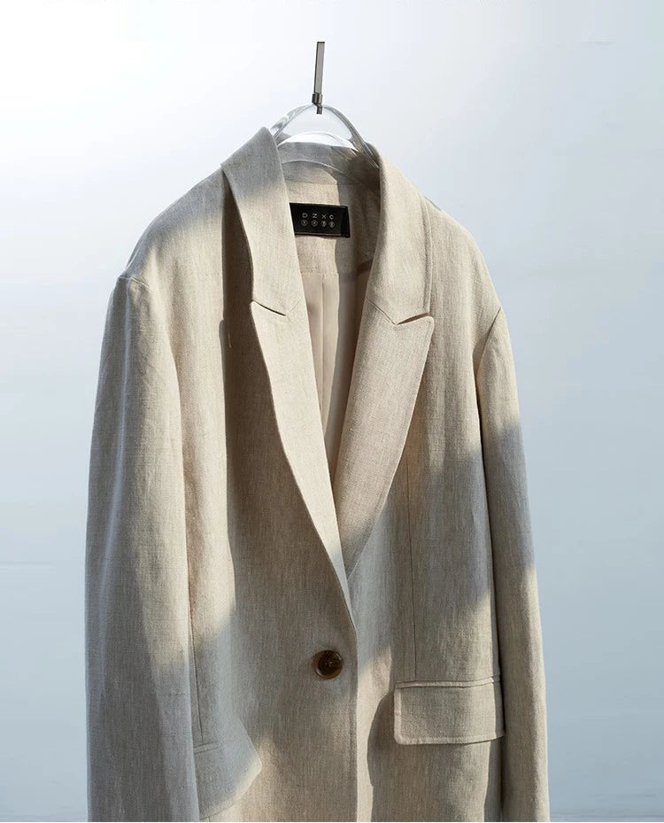 Natural Raindrop Linen Oversize Suit Jacket Women's Boyfriend Style Casual Blazer Loose Shape Top（No Shoulder Pads）