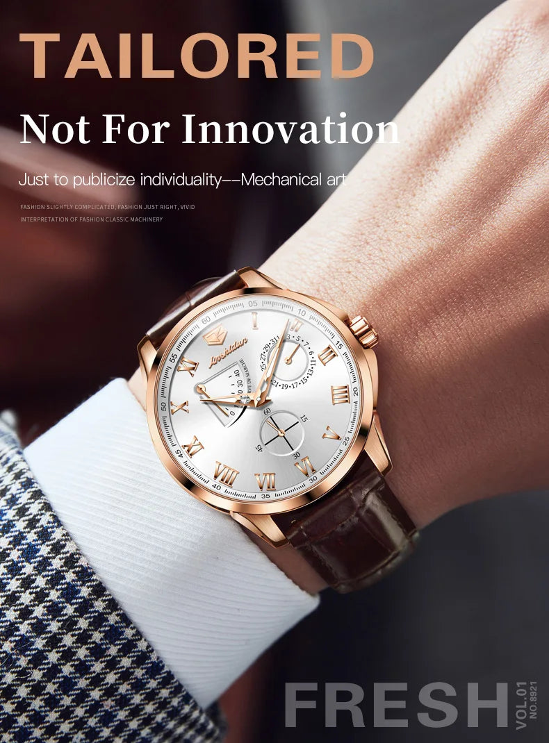 JSDUN 8921 Men's Watch Fashionable and Minimalist Business Waterproof Leather Strap Luxury Brand Automatic Mechanical Men Watch