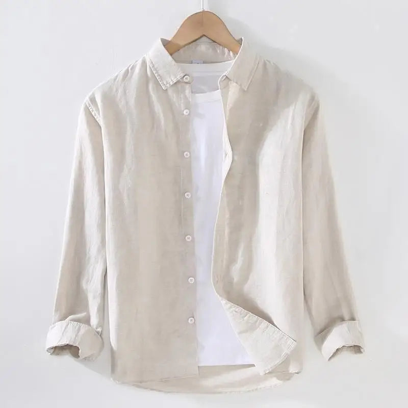 Linear Long-sleeved Men's Japanese Casual Loose Cotton Linen Shirt Spring and Summer Outfit Inch Shirt