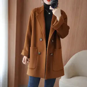 Autumn 100% Pure Wool Double-Sided Cashmere Coat Women Fashion Mid-Length Double-Breasted Wool Jacket Female Loose Overcoat B549