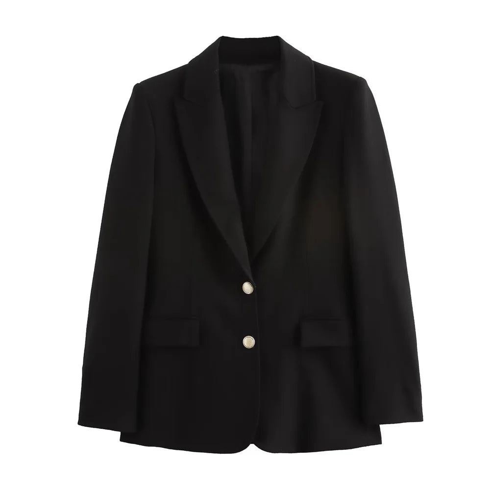 PB&ZA Women's Navy Blue Single Breasted Blazer Gold Buttons Classic Lapel and Pockets Ideal for Professional and Stylish Looks