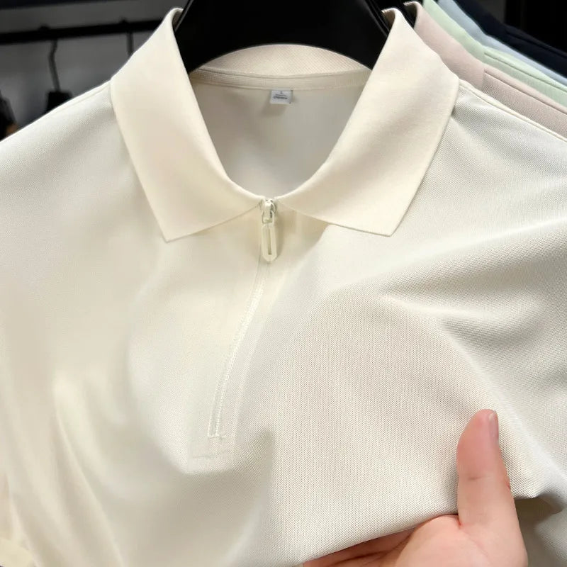 Men's Half-Zip Polo Shirt Light Beige Breathable Casual Slim Fit Stretch Cotton Classic Collar Business Casual Tops
