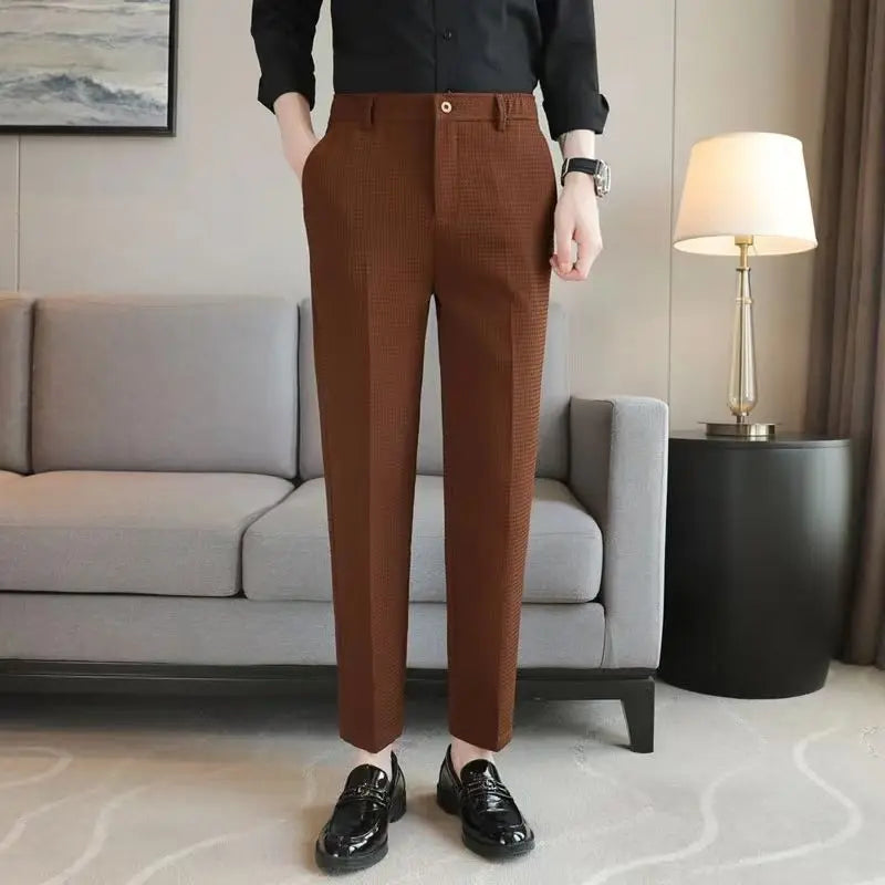 Trousers For Men Social Tailoring Slim Fit Khaki Business Waffle Tressed Work Wear Man Suits Pants Luxury Luxury Spring Clothes