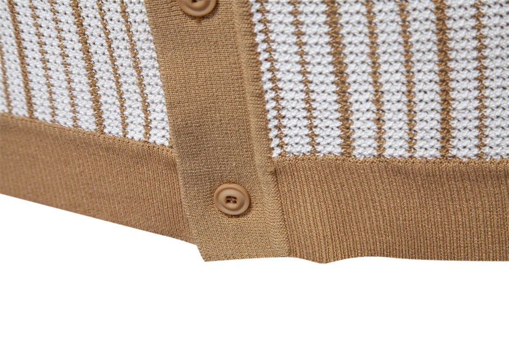 AIOPESON 2025 Men's Striped Mesh Polo Shirt - Breathable Contrast Panel Knit Top with Turn-Down Collar