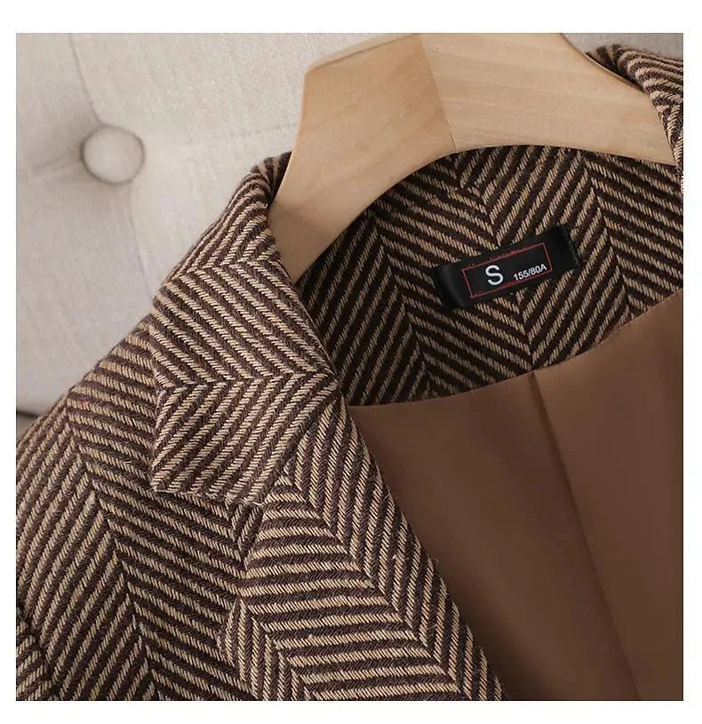 Women Coffee Stripe Formal Blazer New Long Sleeve Suit Coat Notched Collar Business Jacket Ladies Office Blazers Outerwear 4XL