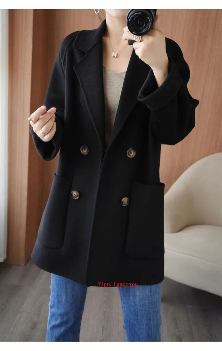 Autumn 100% Pure Wool Double-Sided Cashmere Coat Women Fashion Mid-Length Double-Breasted Wool Jacket Female Loose Overcoat B549