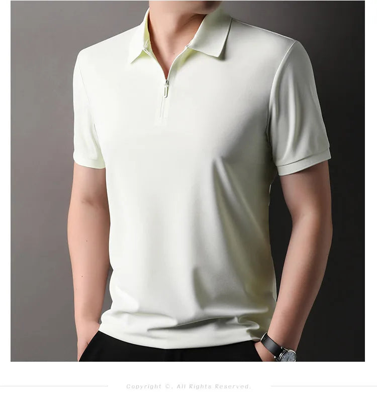 Men's Half-Zip Polo Shirt Light Beige Breathable Casual Slim Fit Stretch Cotton Classic Collar Business Casual Tops