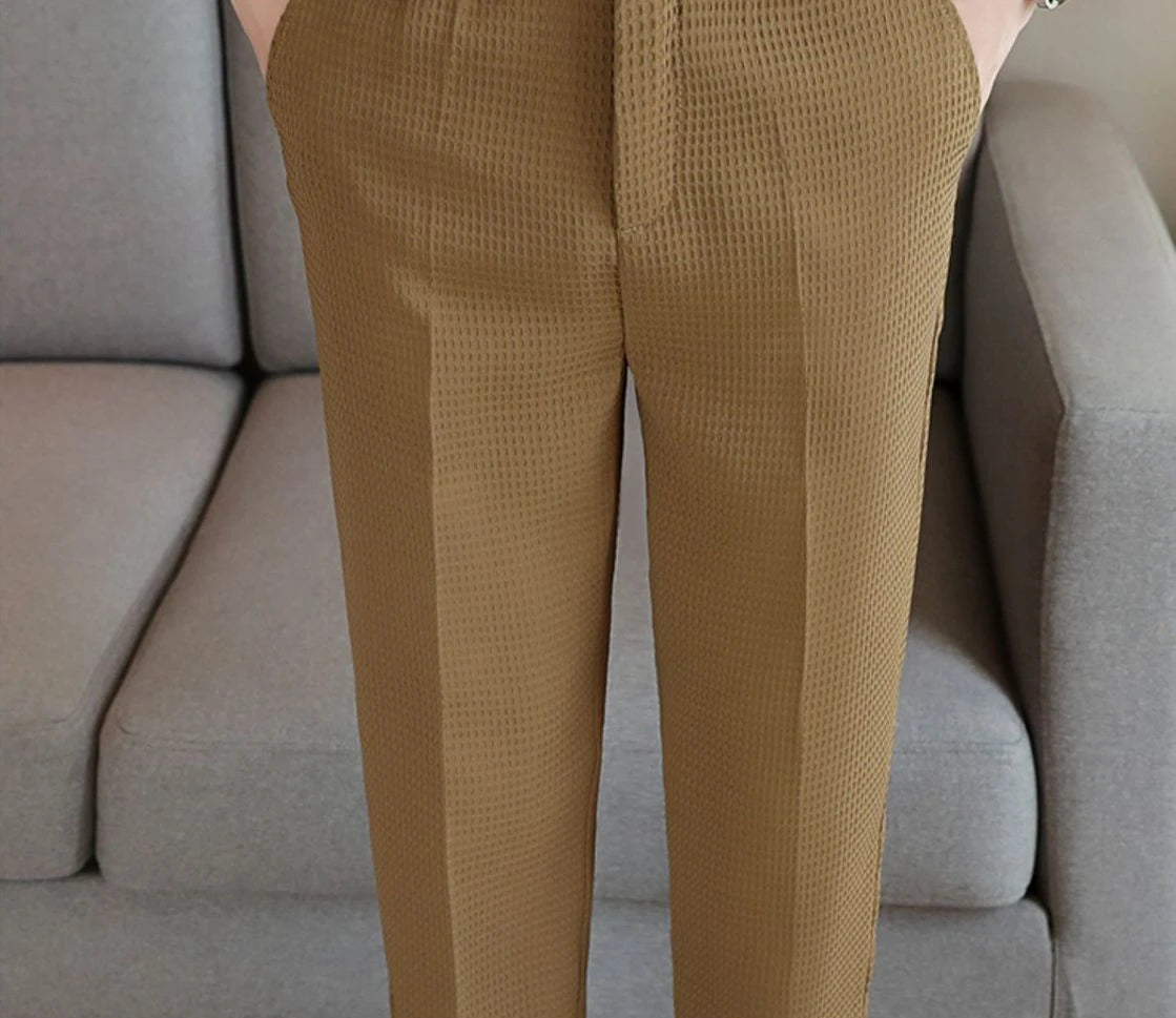 Trousers For Men Social Tailoring Slim Fit Khaki Business Waffle Tressed Work Wear Man Suits Pants Luxury Luxury Spring Clothes