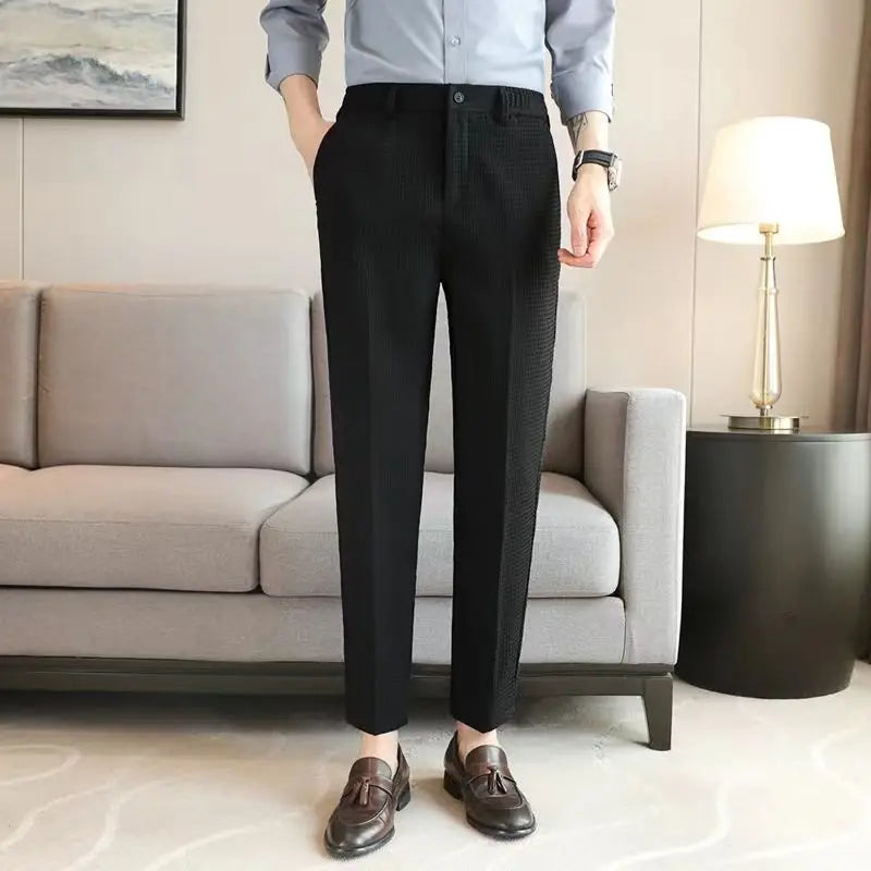 Trousers For Men Social Tailoring Slim Fit Khaki Business Waffle Tressed Work Wear Man Suits Pants Luxury Luxury Spring Clothes