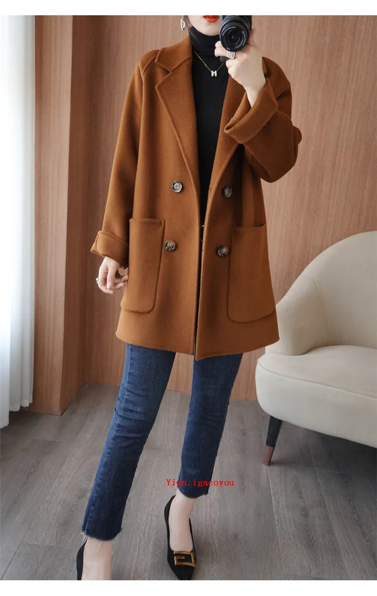 Autumn 100% Pure Wool Double-Sided Cashmere Coat Women Fashion Mid-Length Double-Breasted Wool Jacket Female Loose Overcoat B549