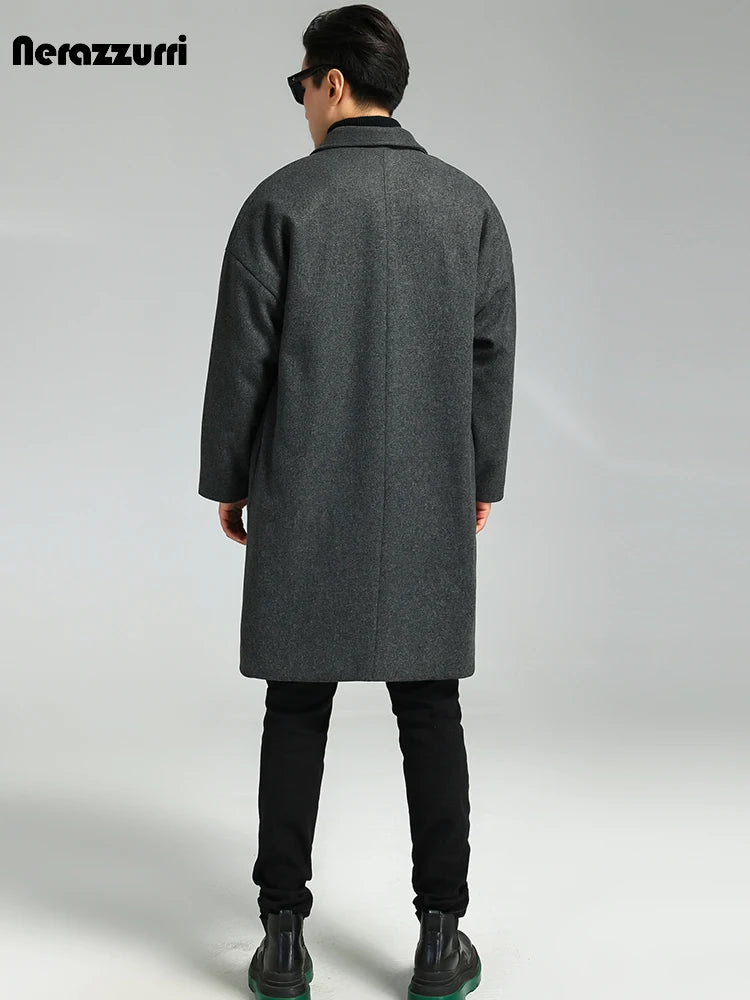 Nerazzurri Autumn Winter Grey Warm Fluffy Woolen Coat for Men Double Breasted Loose Casual Korean Fashion Wool & blends Coat