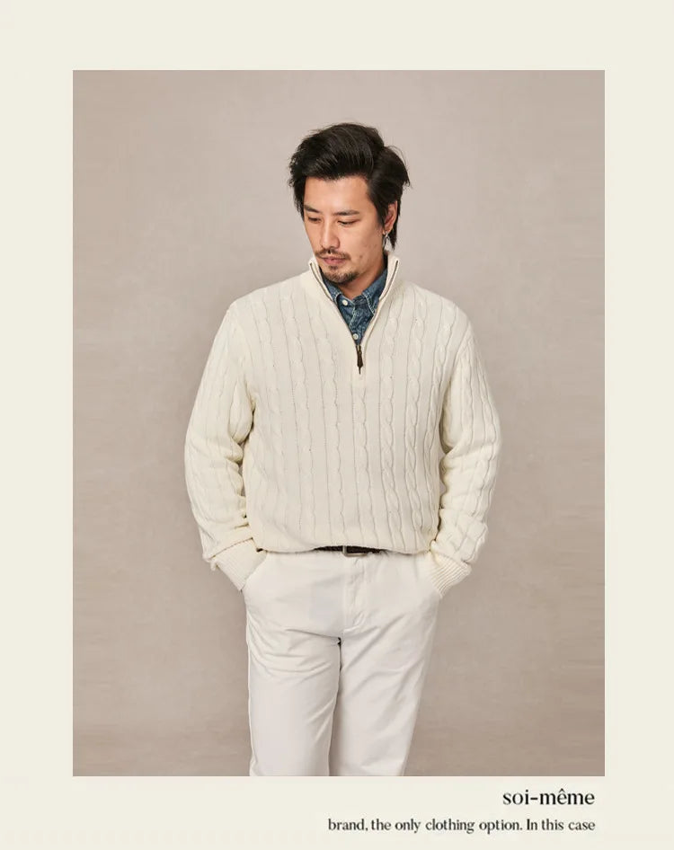 Autumn and winter retro half turtleneck zipper cashmere sweater men's loose pullover cable knit sweater coat trend