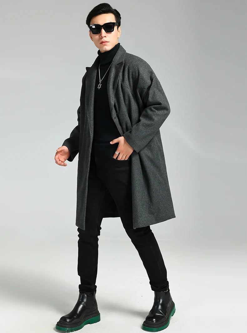 Nerazzurri Autumn Winter Grey Warm Fluffy Woolen Coat for Men Double Breasted Loose Casual Korean Fashion Wool & blends Coat