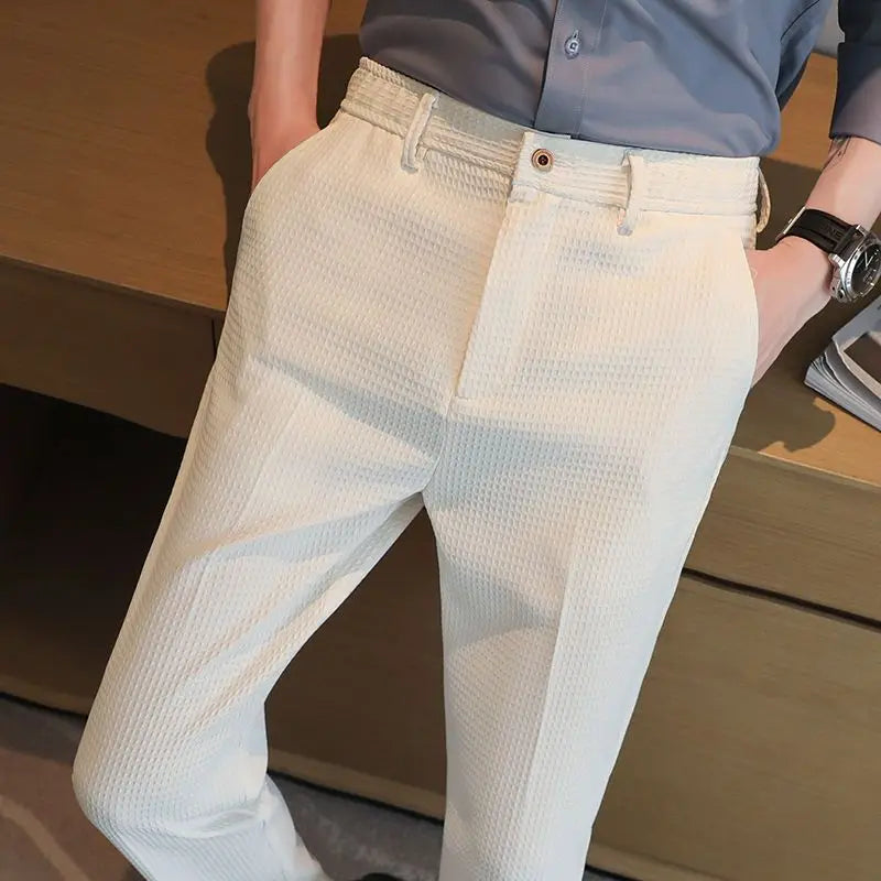 Trousers For Men Social Tailoring Slim Fit Khaki Business Waffle Tressed Work Wear Man Suits Pants Luxury Luxury Spring Clothes