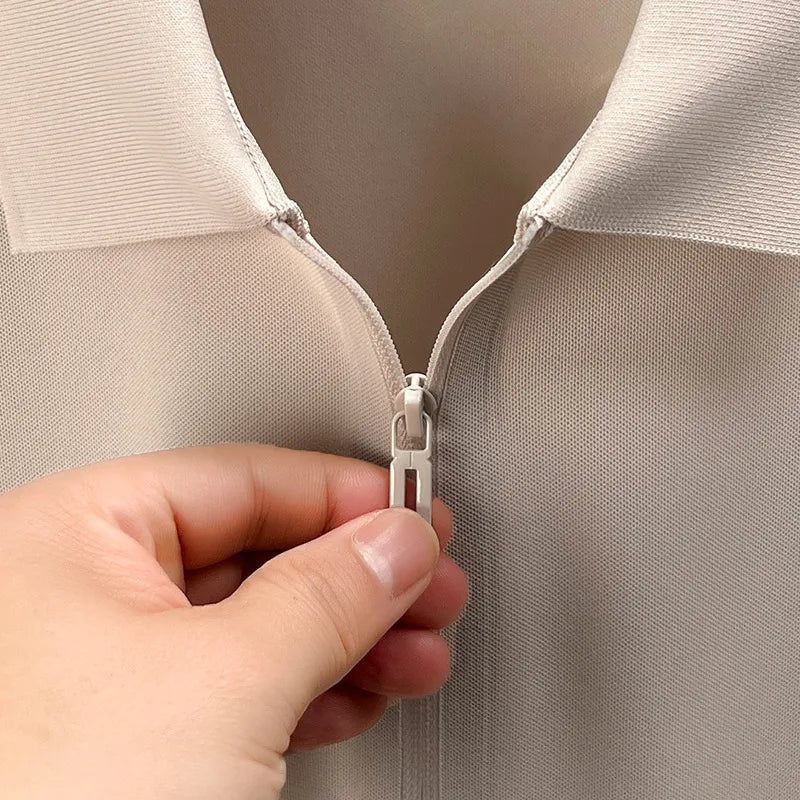 Men's Half-Zip Polo Shirt Light Beige Breathable Casual Slim Fit Stretch Cotton Classic Collar Business Casual Tops