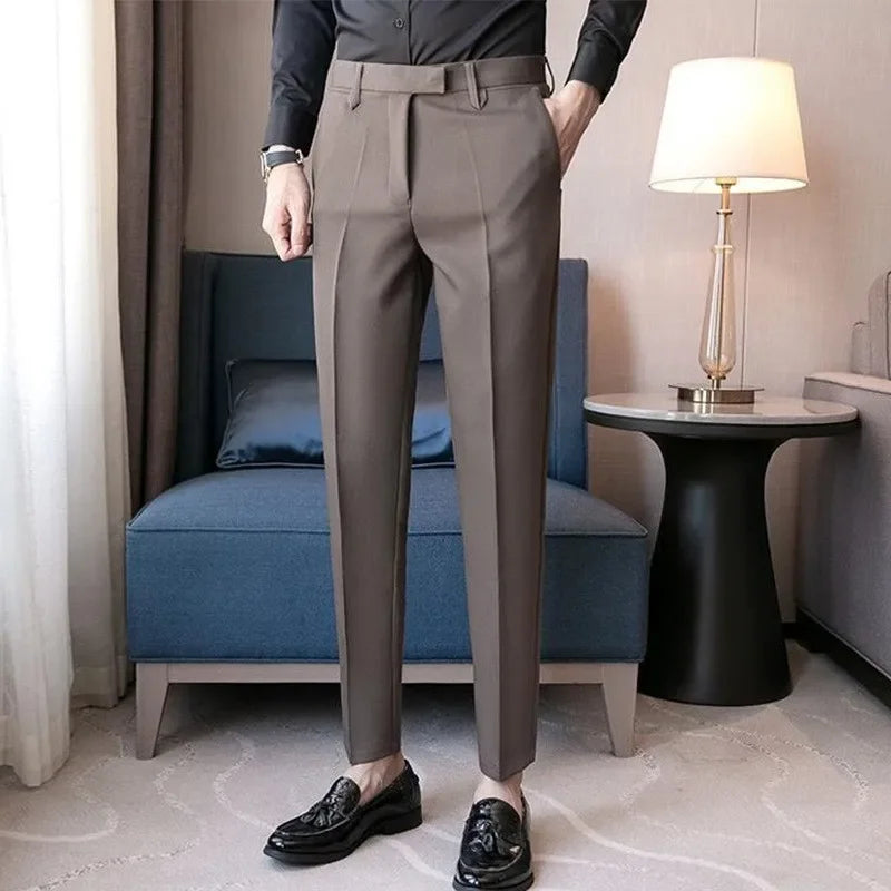 British Gentleman's Coffee Color Suit Pants Small Footed Business Draped Style Men's Trousers Elegant Casual Chic