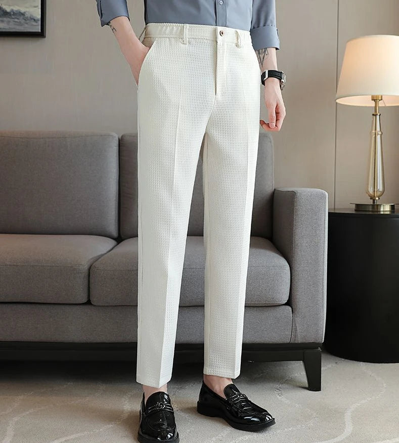 Trousers For Men Social Tailoring Slim Fit Khaki Business Waffle Tressed Work Wear Man Suits Pants Luxury Luxury Spring Clothes