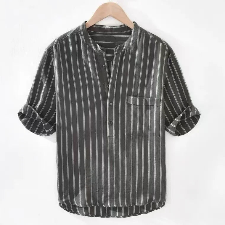 Loose Fit Linen irt Men's ort Sve Thin Striped irt Summer Lightweight f Sve Top Youth Trend Couples Wear