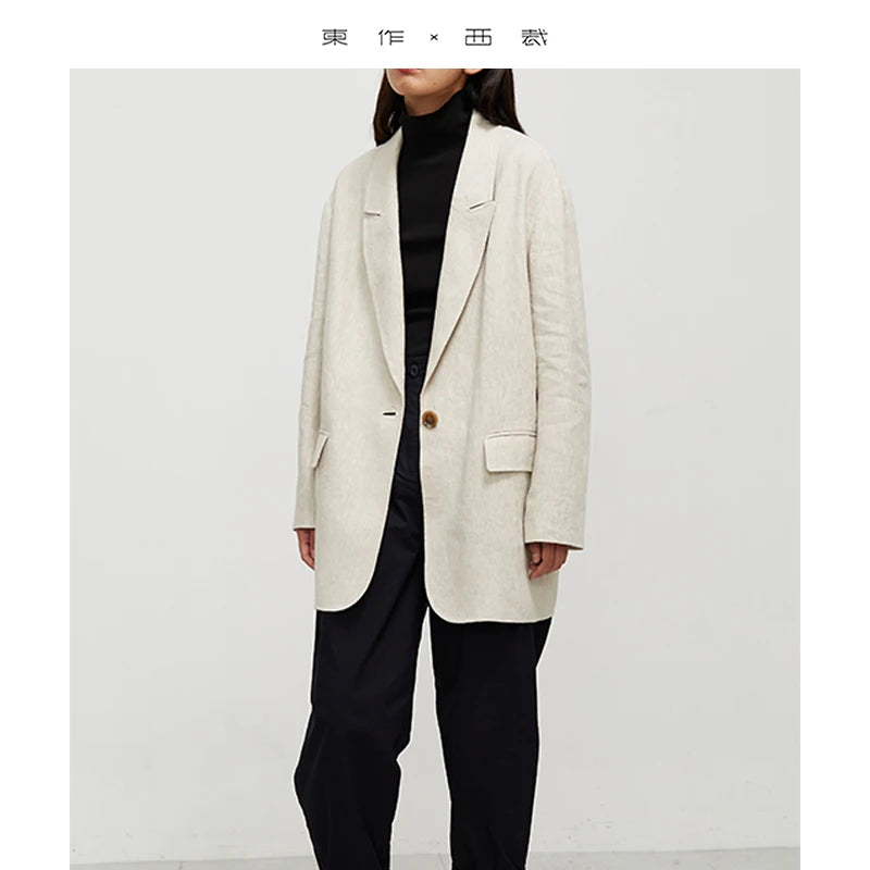Natural Raindrop Linen Oversize Suit Jacket Women's Boyfriend Style Casual Blazer Loose Shape Top（No Shoulder Pads）