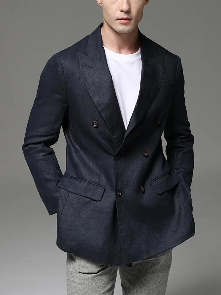 Fashion Summer Men Linen Blazer Suit Coat  Blazer Solid Color Jacket Double Breasted Slim Fit Breathable Business Work Casual